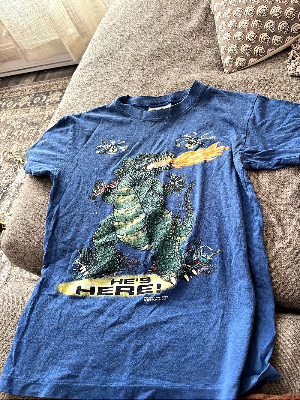 Rare Vintage Northern Getaway Godzilla he’s here Tee in Blue youth M 8/10